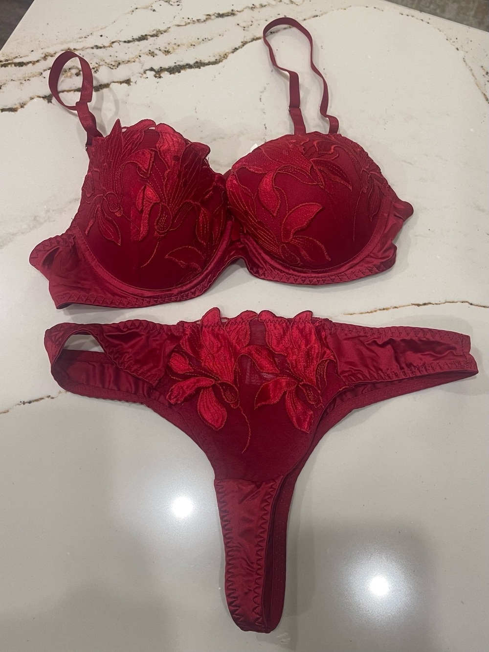 Source Unknown Red Floral Embroidered Bra & Thong Set